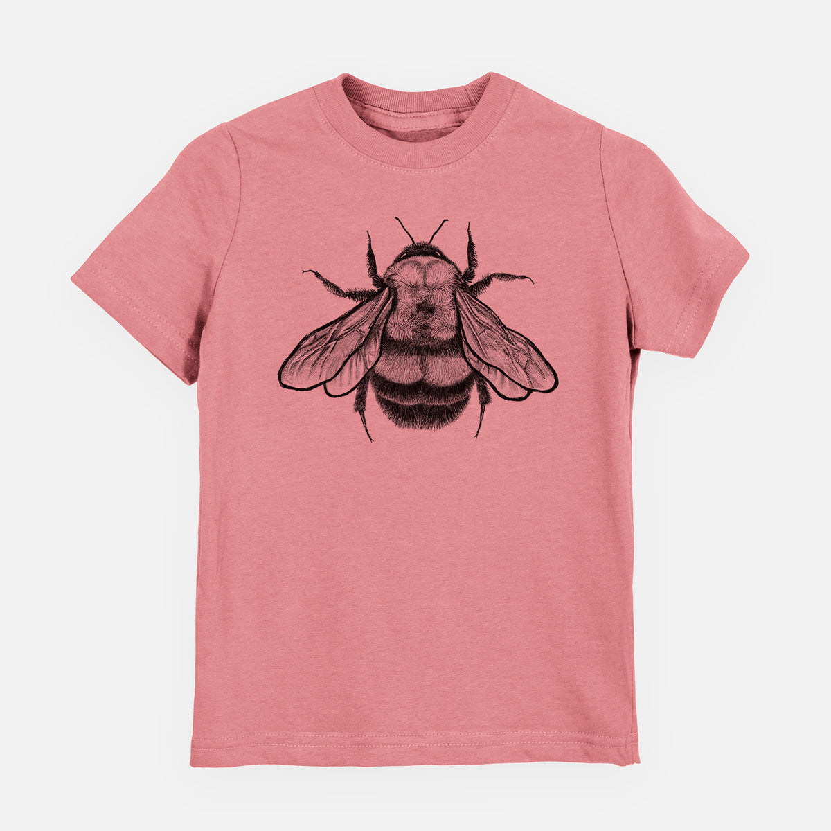 Mauve pink youth t-shirt laid flat, printed with a detailed black ink illustration of a rusty patched bumble bee with its wings spread, seen from above.