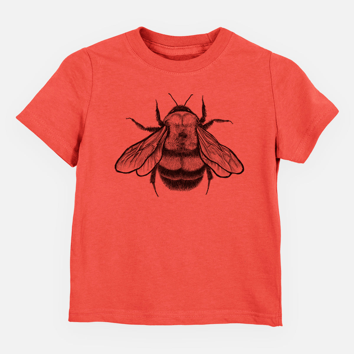 Passionfruit pink toddler t-shirt laid flat, printed with a detailed black ink illustration of a rusty patched bumble bee with its wings spread, seen from above.