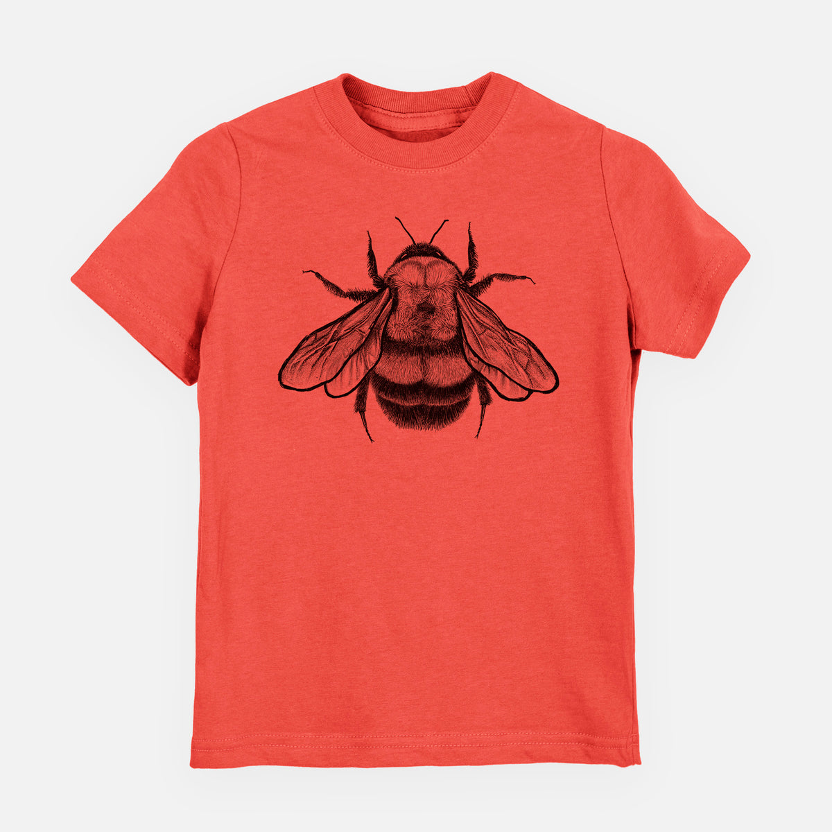 Passionfruit pink youth t-shirt laid flat, printed with a detailed black ink illustration of a rusty patched bumble bee with its wings spread, seen from above.