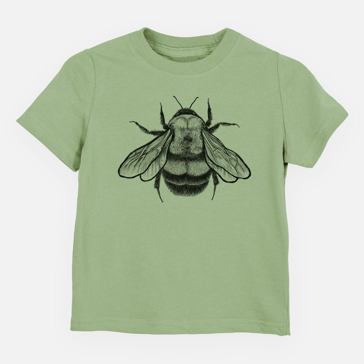 Sage green toddler t-shirt laid flat, printed with a detailed black ink illustration of a rusty patched bumble bee with its wings spread, seen from above.