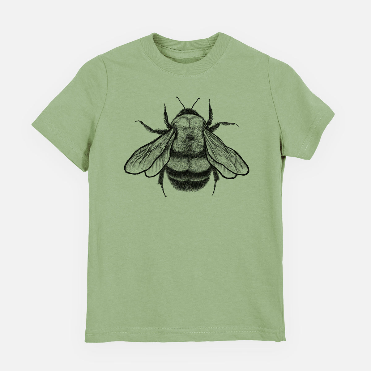 Sage green youth t-shirt laid flat, printed with a detailed black ink illustration of a rusty patched bumble bee with its wings spread, seen from above.
