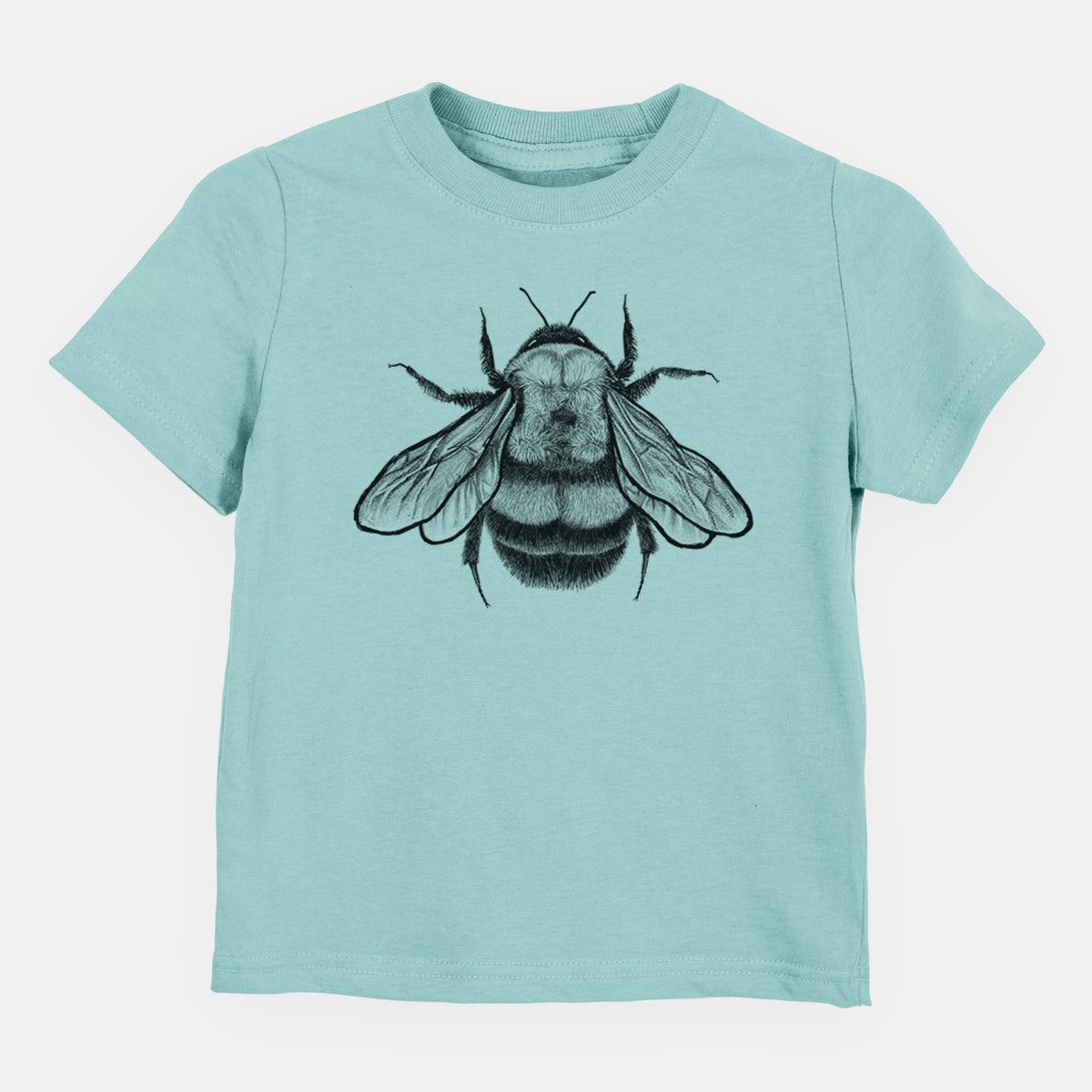 Saltwater toddler t-shirt laid flat, printed with a detailed black ink illustration of a rusty patched bumble bee with its wings spread, seen from above.