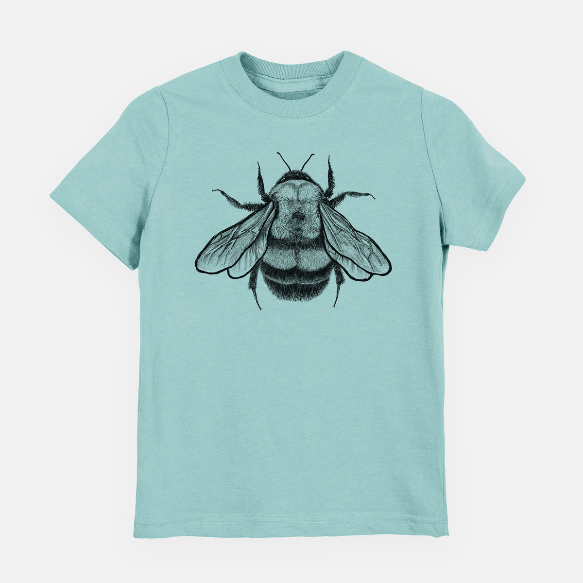 Saltwater youth t-shirt laid flat, printed with a detailed black ink illustration of a rusty patched bumble bee with its wings spread, seen from above.