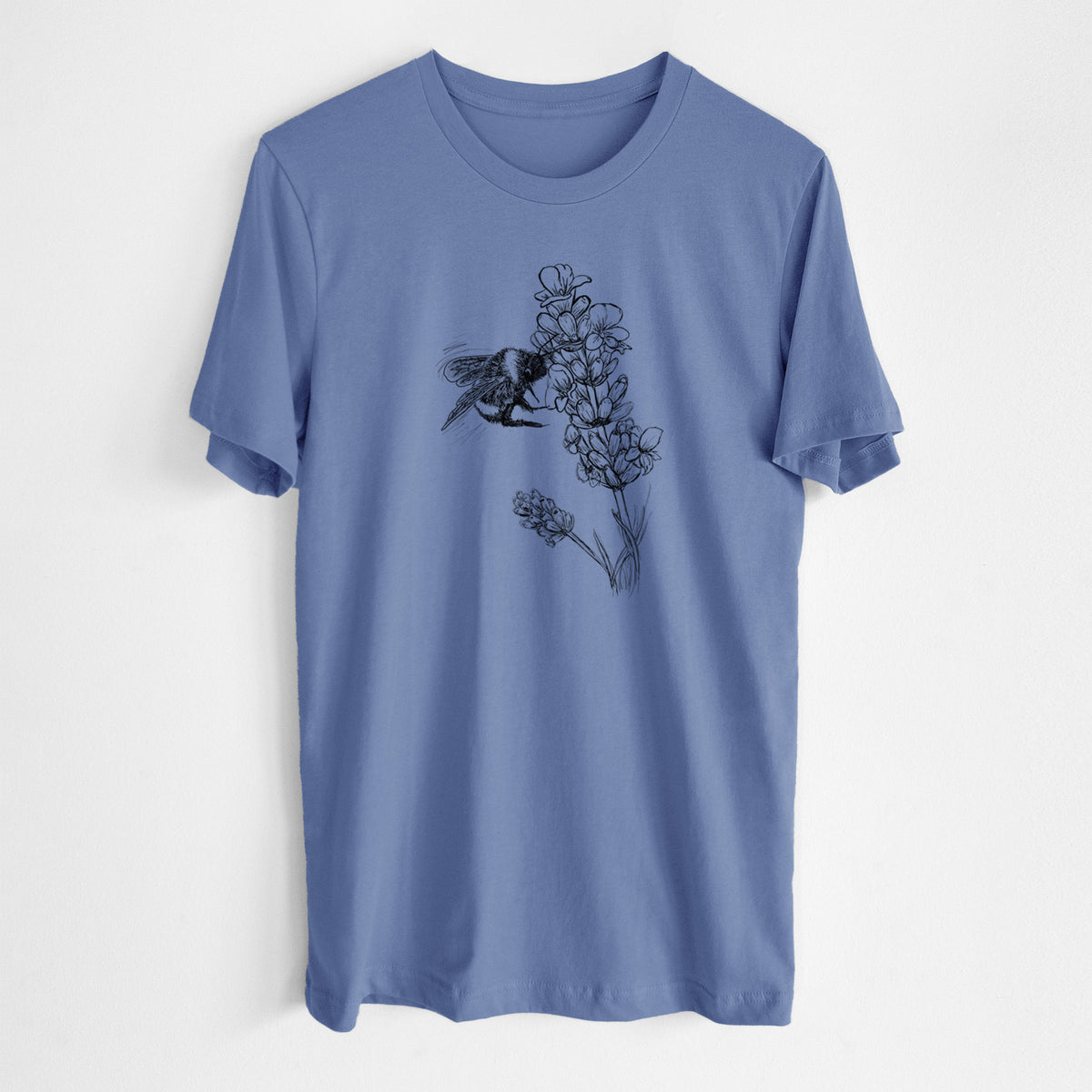 Blue bell lightweight cotton t-shirt laid flat, printed with a black ink illustration of a bumble bee visiting a sprig of lavender.