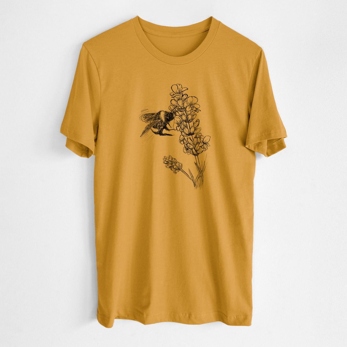 Honeycomb yellow lightweight cotton t-shirt laid flat, printed with a black ink illustration of a bumble bee visiting a sprig of lavender.