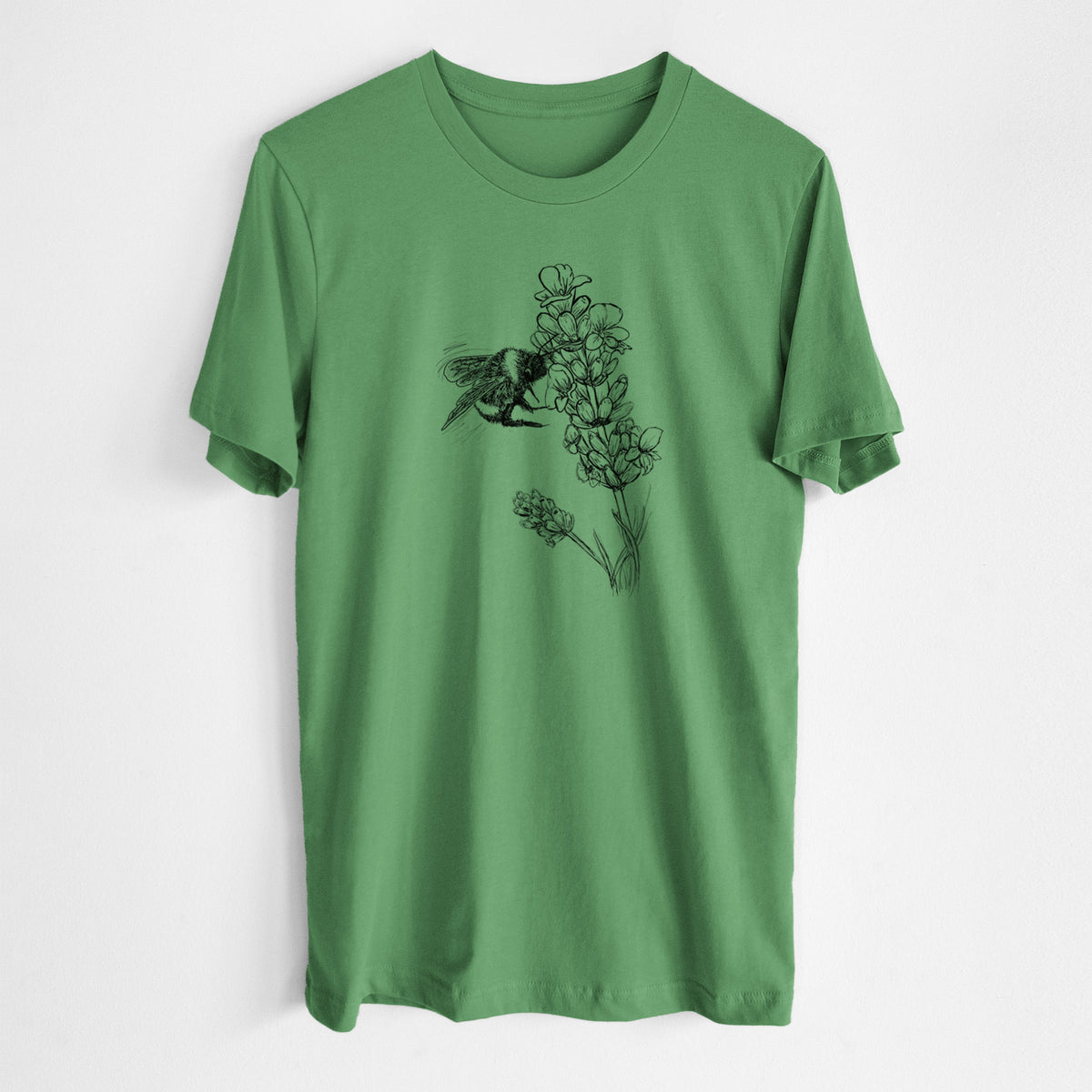 Leaf green lightweight cotton t-shirt laid flat, printed with a black ink illustration of a bumble bee visiting a sprig of lavender.