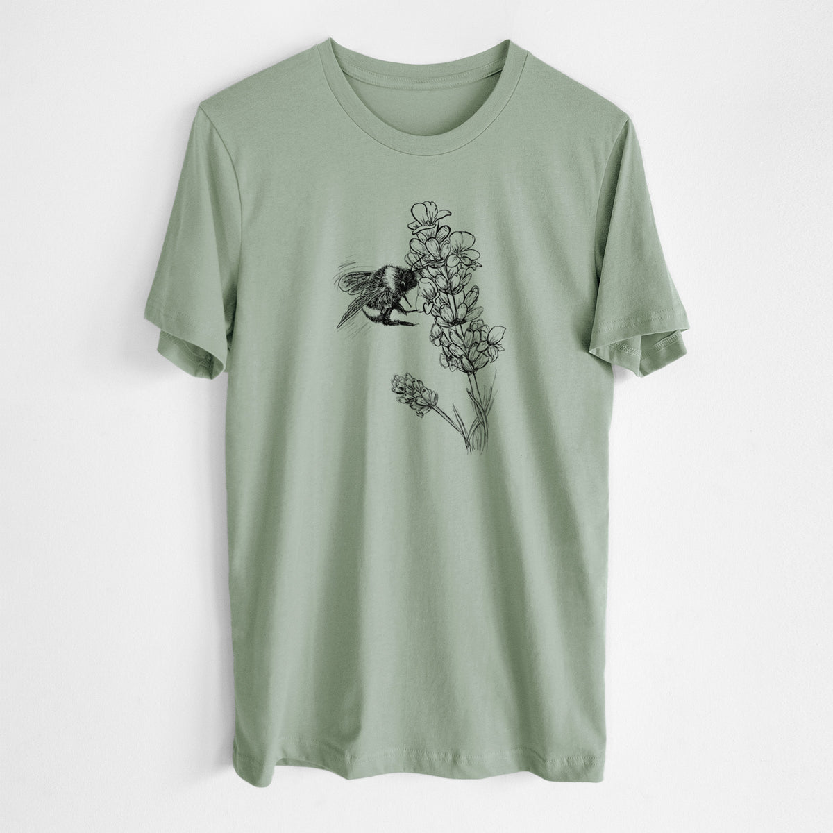 Sage green lightweight cotton t-shirt laid flat, printed with a black ink illustration of a bumble bee visiting a sprig of lavender.