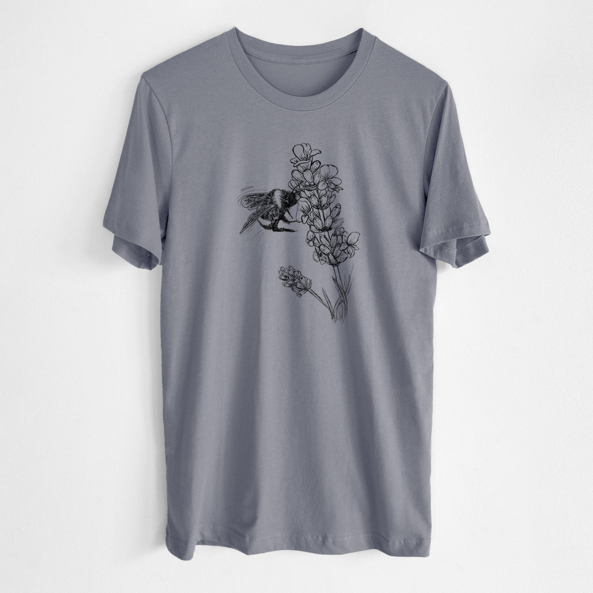 Storm grey lightweight cotton t-shirt laid flat, printed with a black ink illustration of a bumble bee visiting a sprig of lavender.