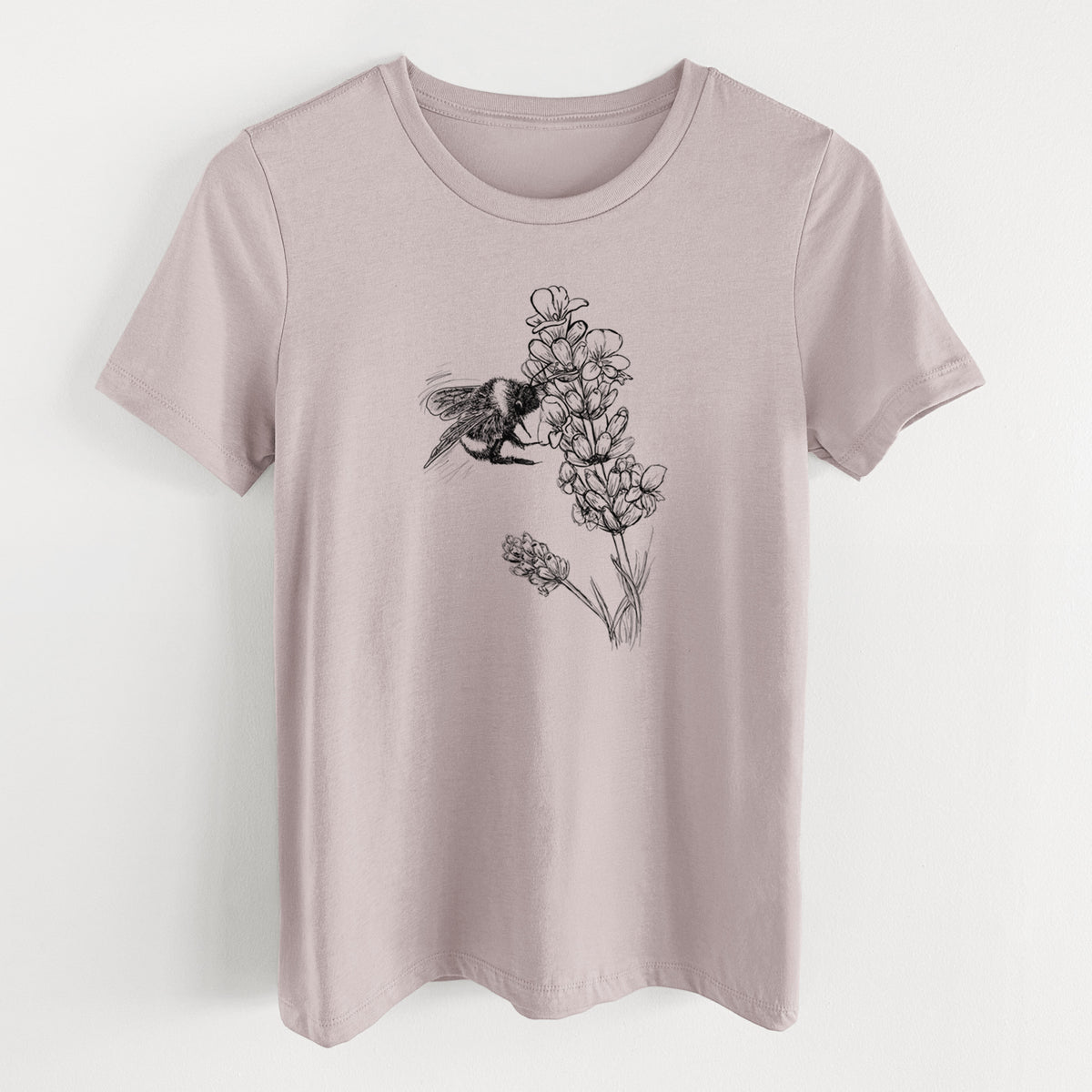 Pink gravel women's relaxed fit cotton t-shirt laid flat, printed with a black ink illustration of a bumble bee visiting a sprig of lavender.