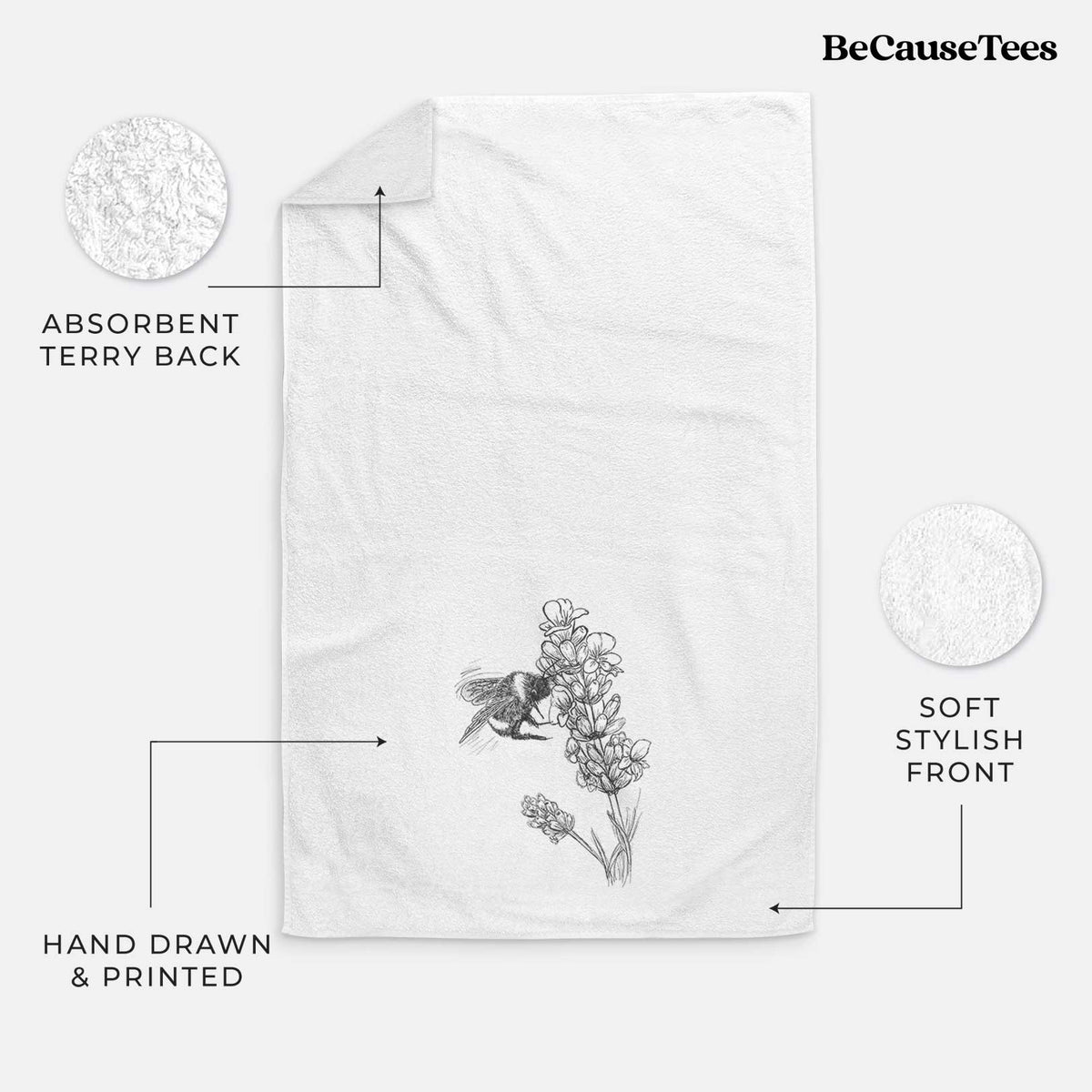 White hand towel printed with a black ink illustration of a bumble bee visiting a sprig of lavender.