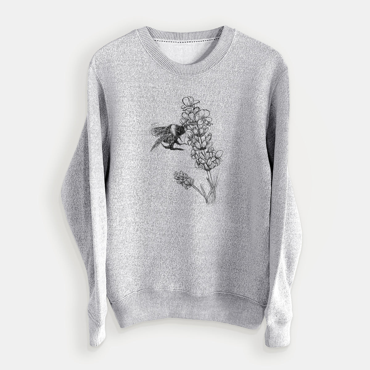 Salt and pepper knit sweatshirt laid flat, printed with a black ink illustration of a bumble bee visiting a sprig of lavender.