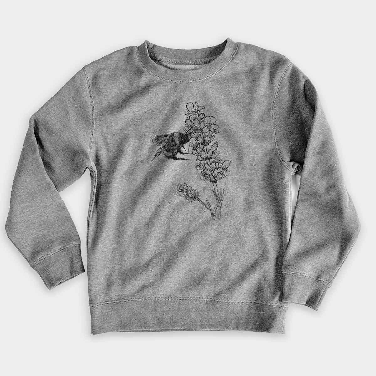 Nickel grey youth crewneck sweatshirt laid flat, printed with a black ink illustration of a bumble bee visiting a sprig of lavender.