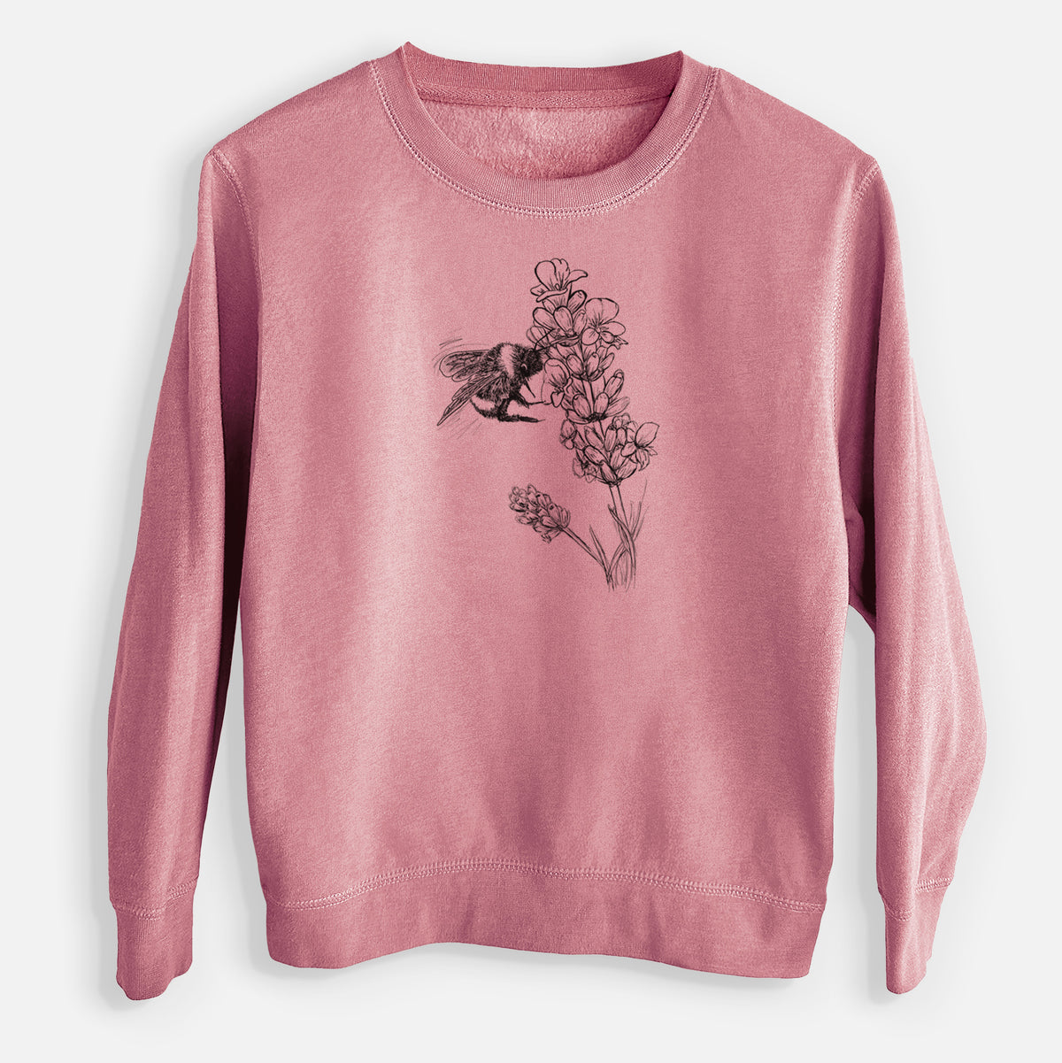 Mauve pink youth crewneck sweatshirt laid flat, printed with a black ink illustration of a bumble bee visiting a sprig of lavender.
