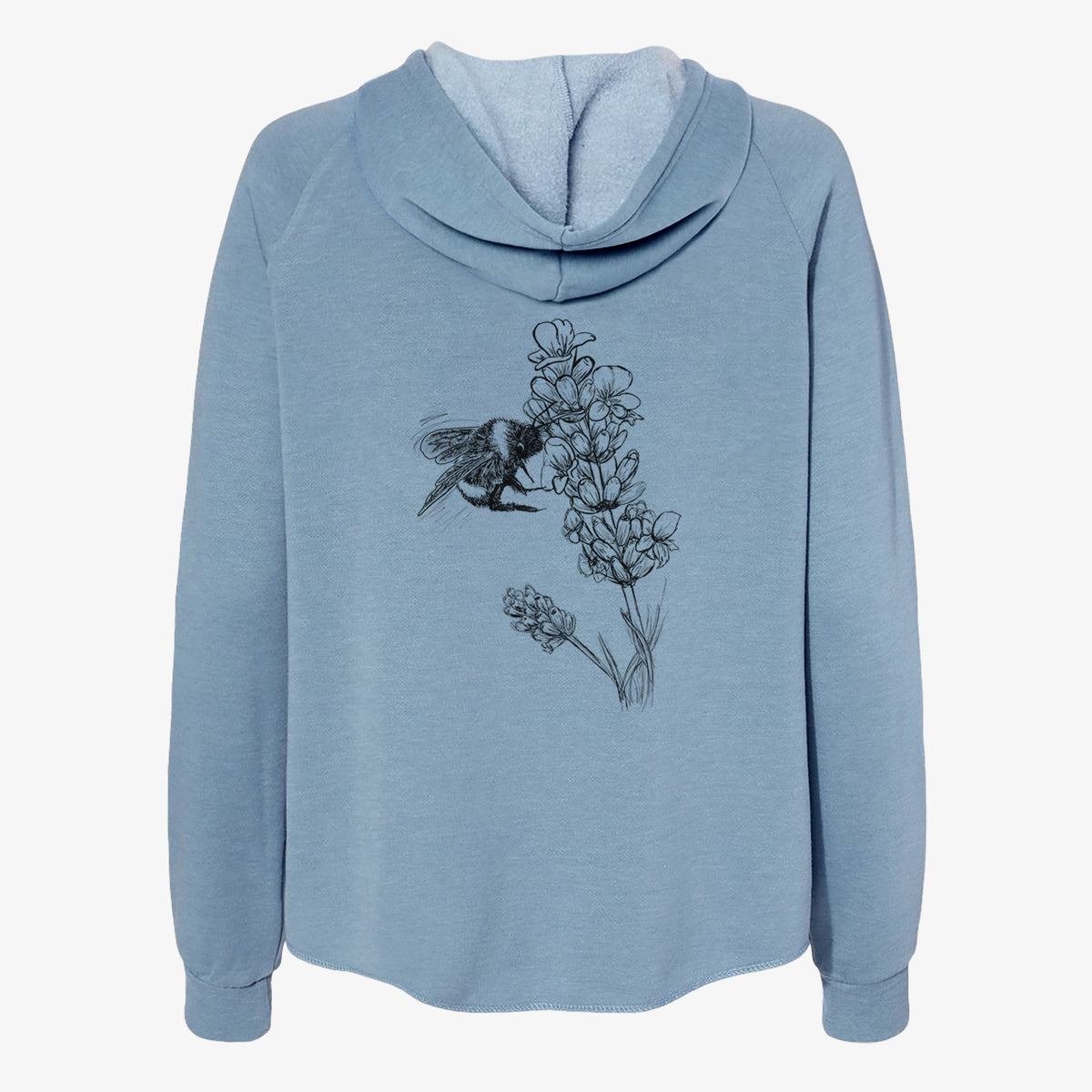 Misty blue women's Cali Wave zip-up sweatshirt laid flat, printed with a black ink illustration of a bumble bee visiting a sprig of lavender.
