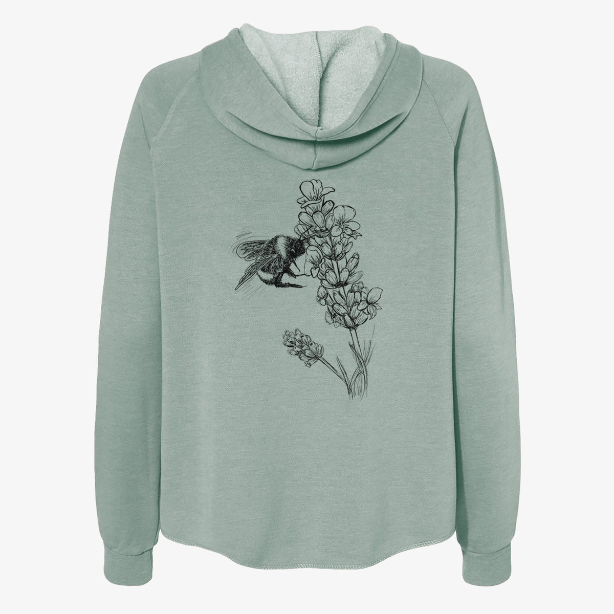 Sage green women's Cali Wave zip-up sweatshirt laid flat, printed with a black ink illustration of a bumble bee visiting a sprig of lavender.