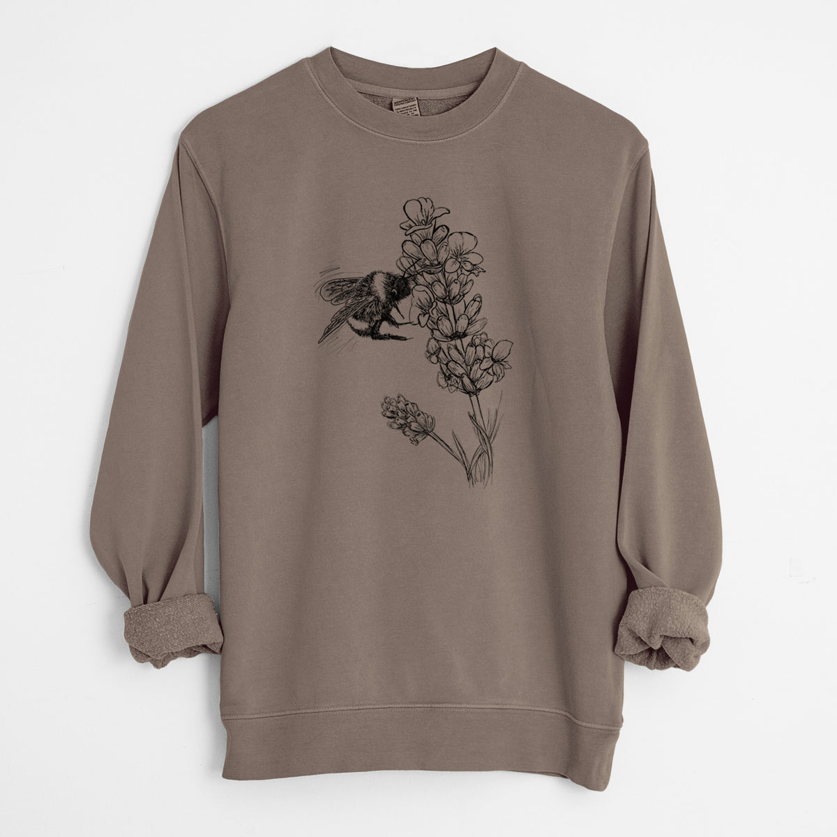 Bumblebee on English Lavender - Bombus Pensylvanicus - Unisex Pigment Dyed Crew Sweatshirt in Espresso Brown Color