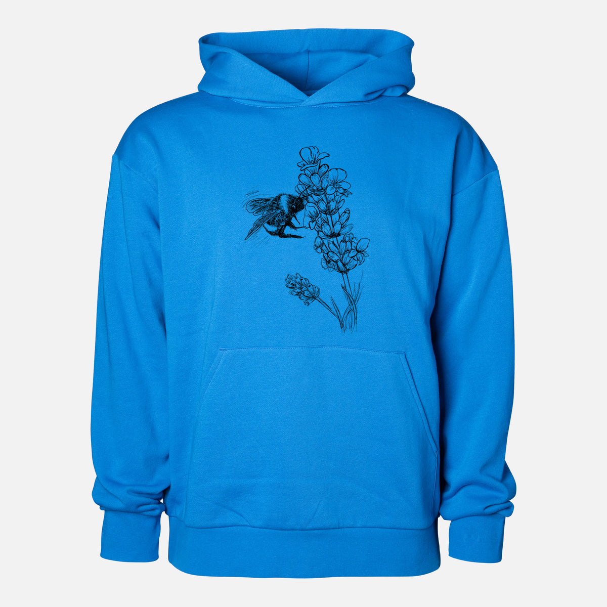 Bumblebee on English Lavender - Bombus Pensylvanicus - Statement Midweight Hoodie in Azure Blue, shown from the front with the design printed on the chest above a front kangaroo pocket.