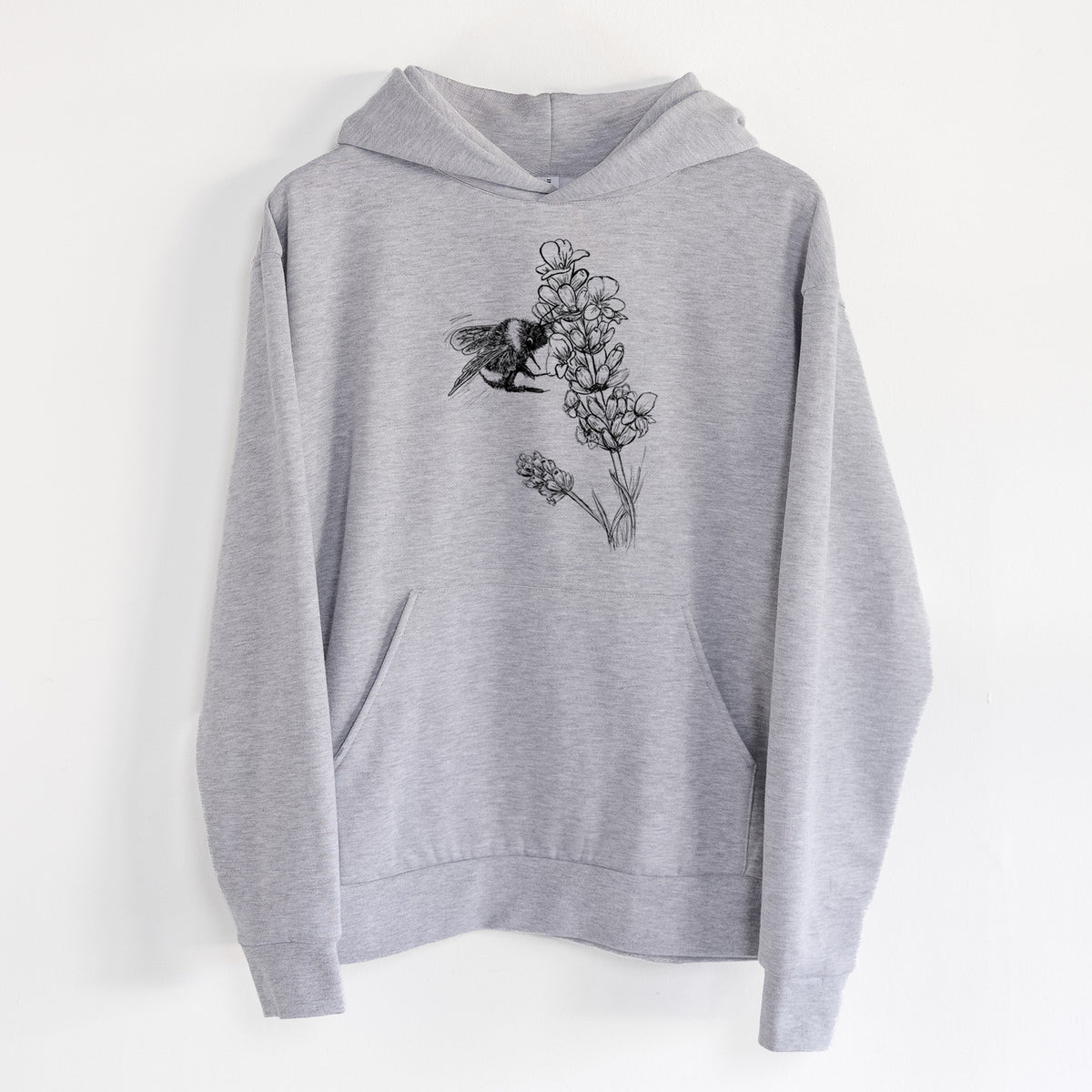 Bumblebee on English Lavender - Bombus Pensylvanicus - Statement Midweight Hoodie in Heather Grey, hanging on a white wall, with a front kangaroo pocket and no drawcords.