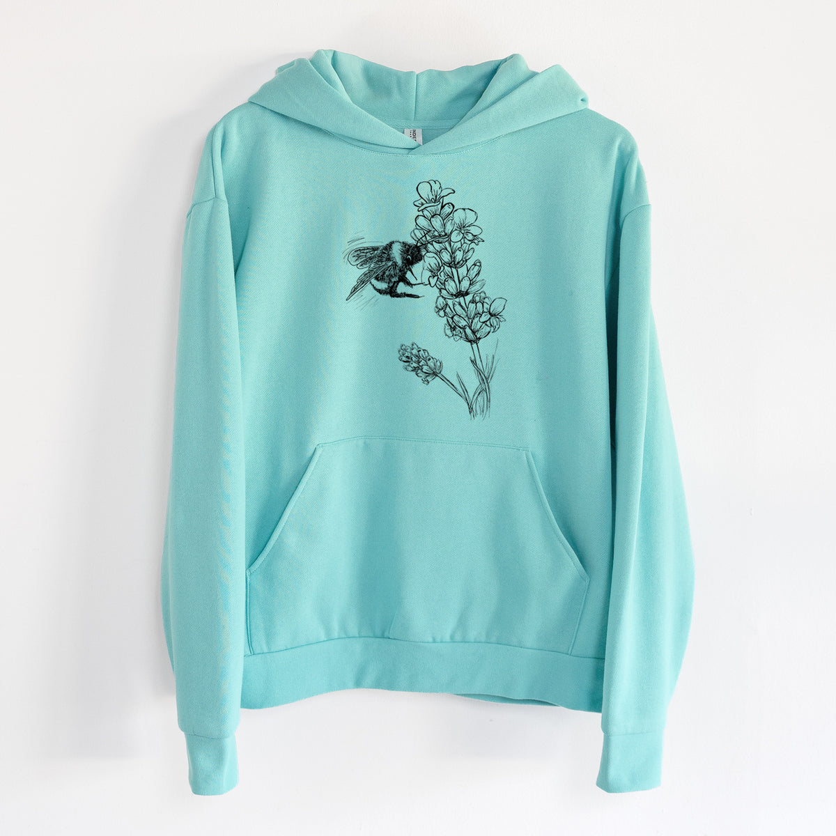 Bumblebee on English Lavender - Bombus Pensylvanicus - Statement Midweight Hoodie in Seafoam, hanging on a white wall, with a front kangaroo pocket and no drawcords.