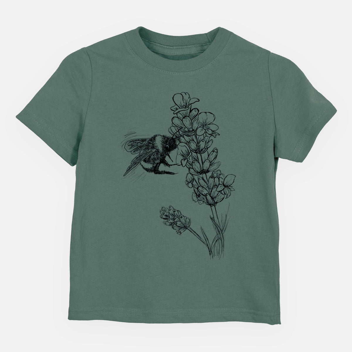 Basil green toddler t-shirt laid flat, printed with a black ink illustration of a bumble bee visiting a sprig of lavender.