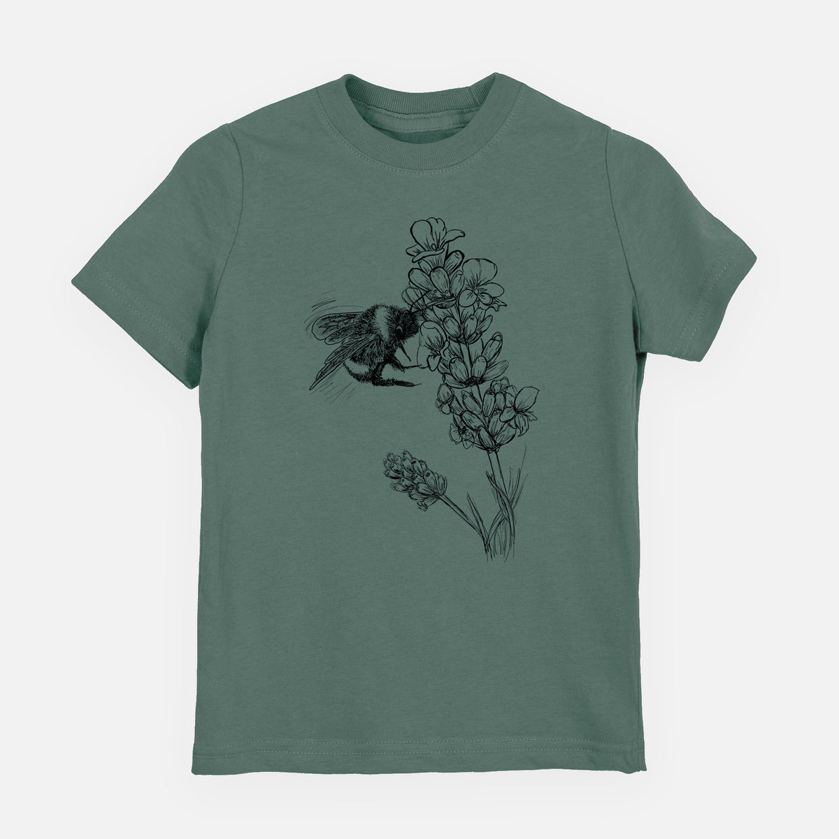 Basil green youth t-shirt laid flat, printed with a black ink illustration of a bumble bee visiting a sprig of lavender.