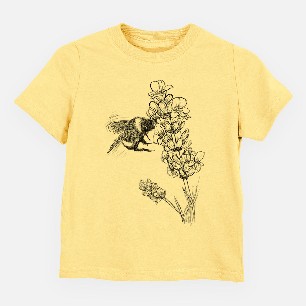 Butter yellow toddler t-shirt laid flat, printed with a black ink illustration of a bumble bee visiting a sprig of lavender.