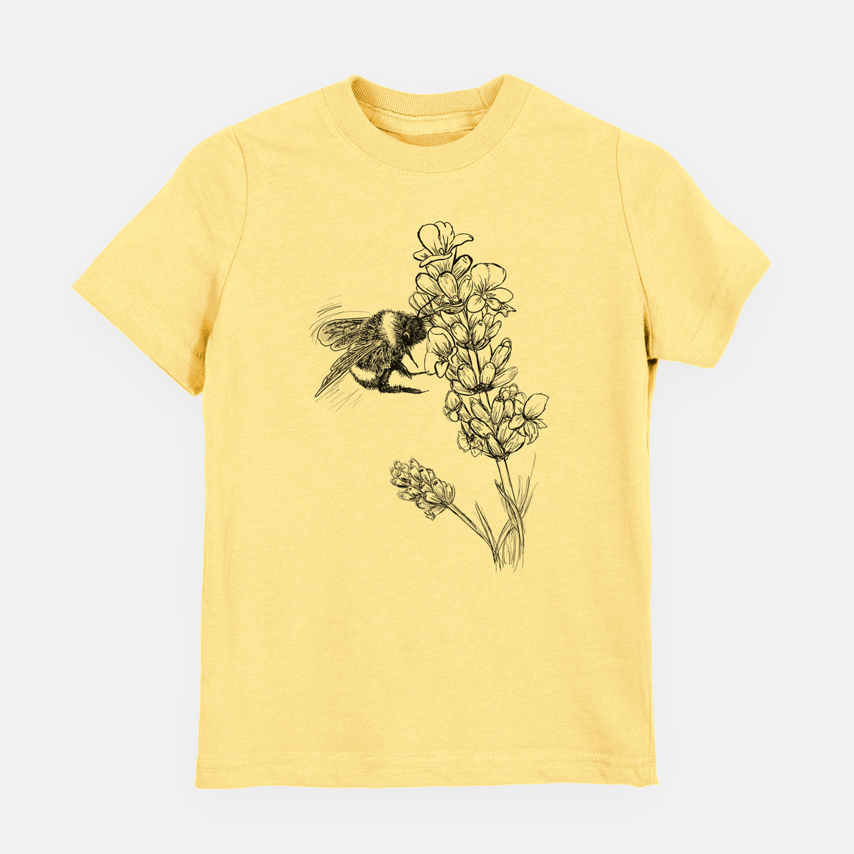 Butter yellow youth t-shirt laid flat, printed with a black ink illustration of a bumble bee visiting a sprig of lavender.