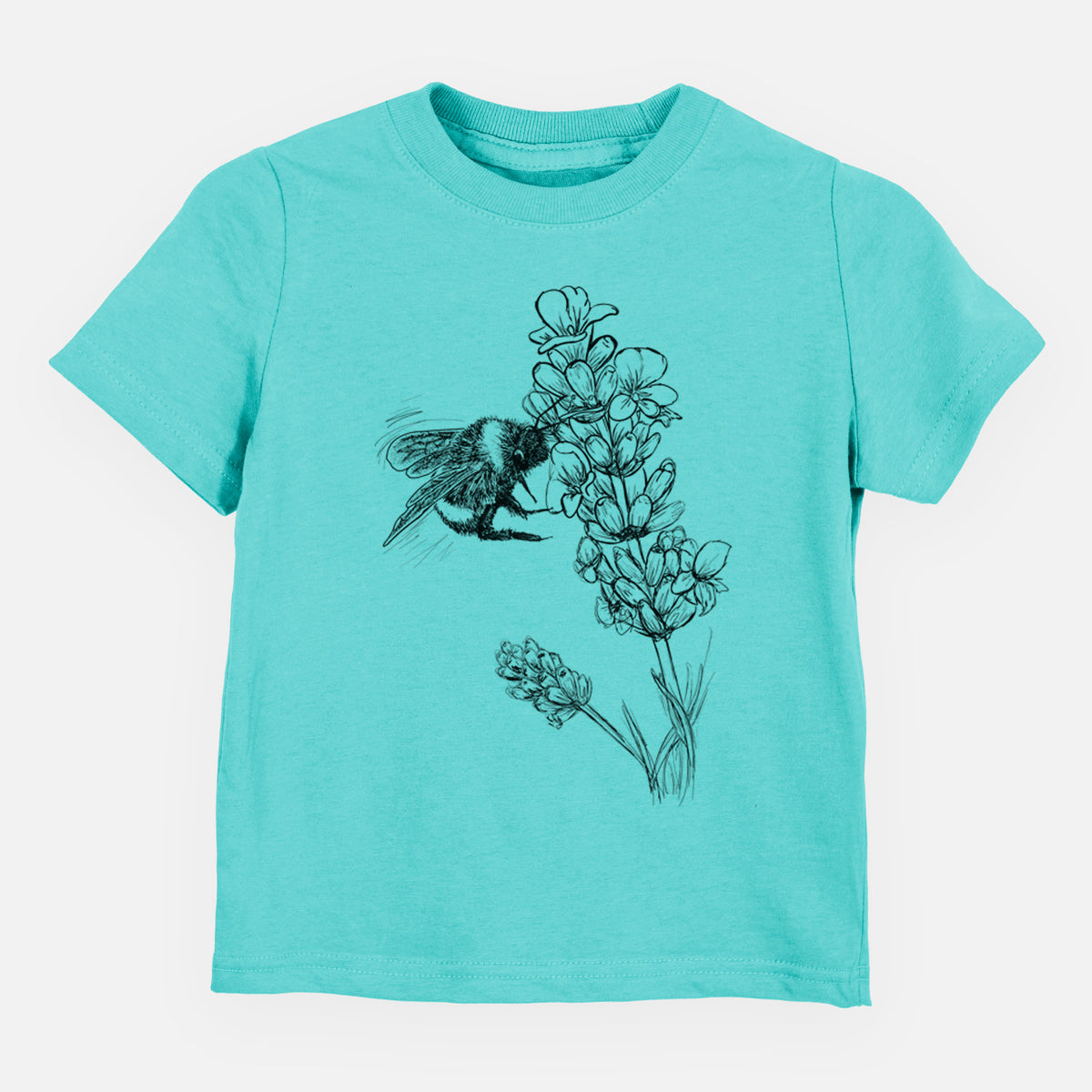 Caribbean blue toddler t-shirt laid flat, printed with a black ink illustration of a bumble bee visiting a sprig of lavender.