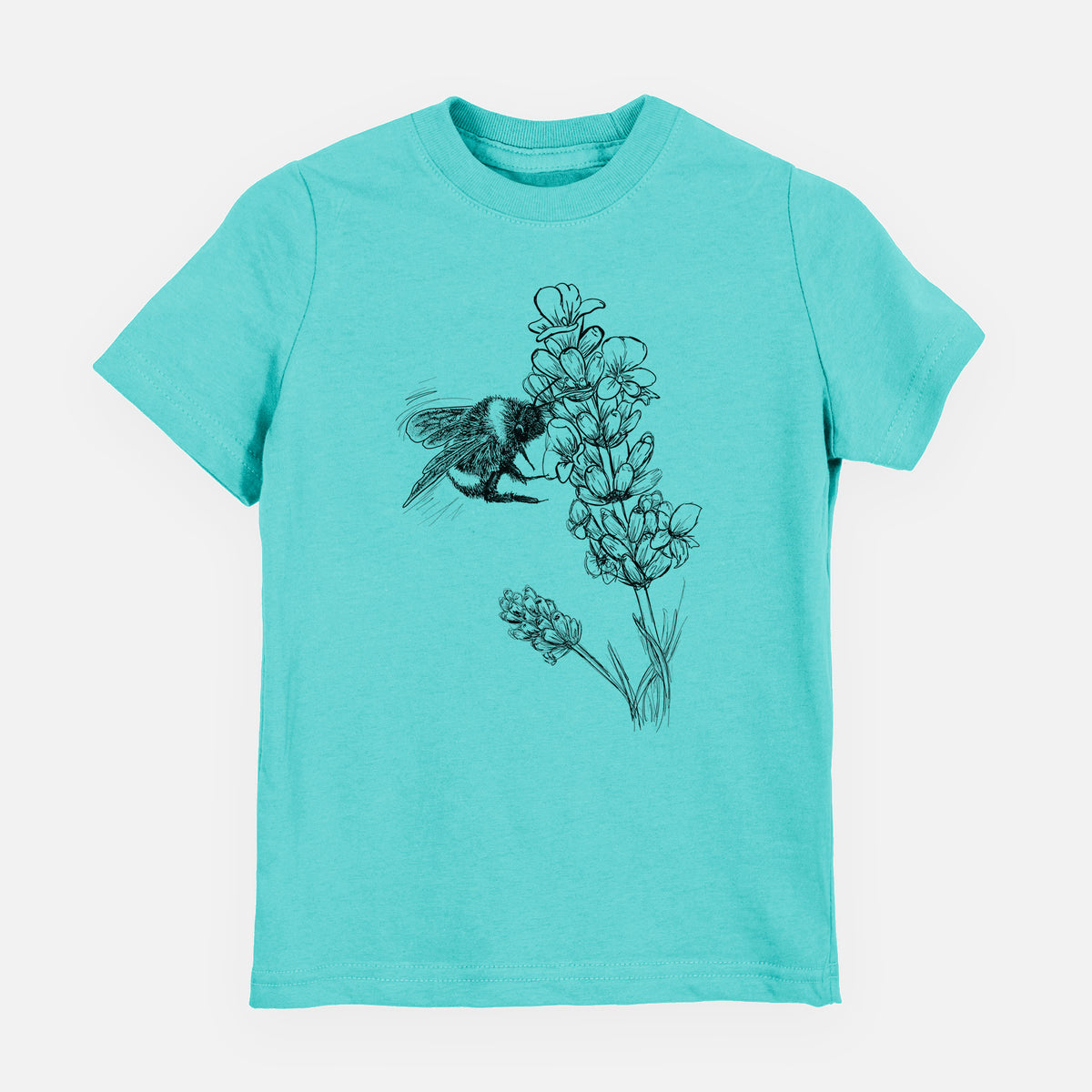 Caribbean blue youth t-shirt laid flat, printed with a black ink illustration of a bumble bee visiting a sprig of lavender.