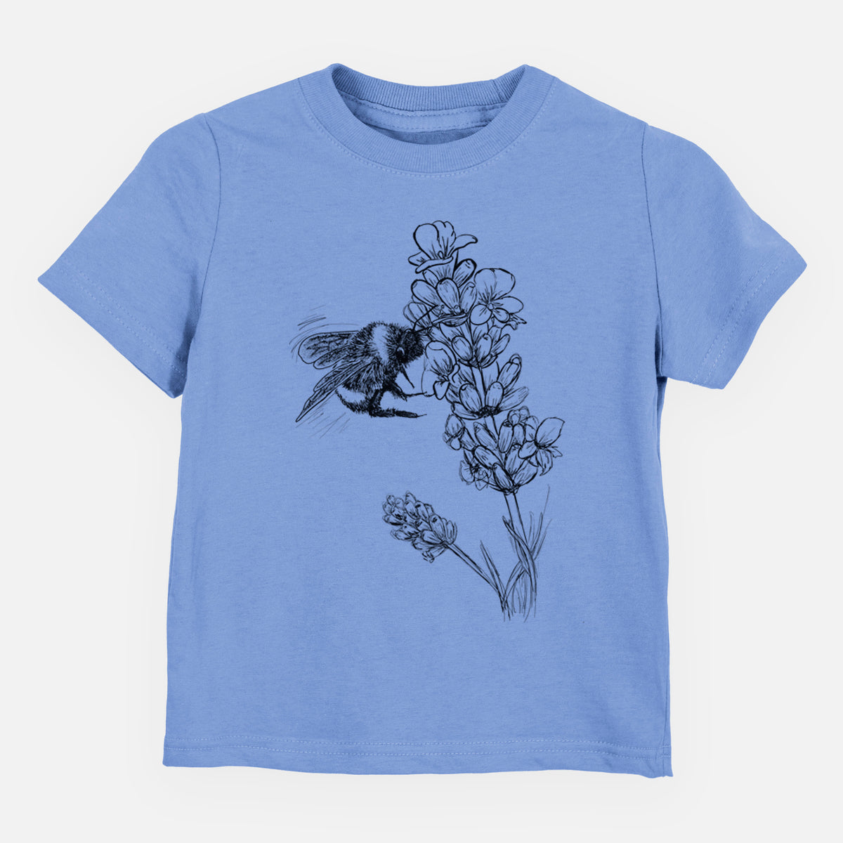 Carolina blue toddler t-shirt laid flat, printed with a black ink illustration of a bumble bee visiting a sprig of lavender.