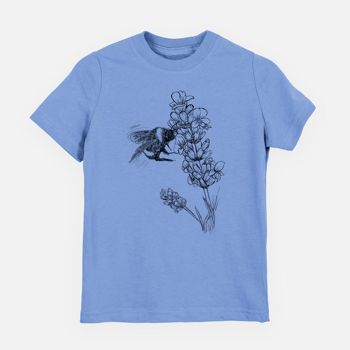 Carolina blue youth t-shirt laid flat, printed with a black ink illustration of a bumble bee visiting a sprig of lavender.