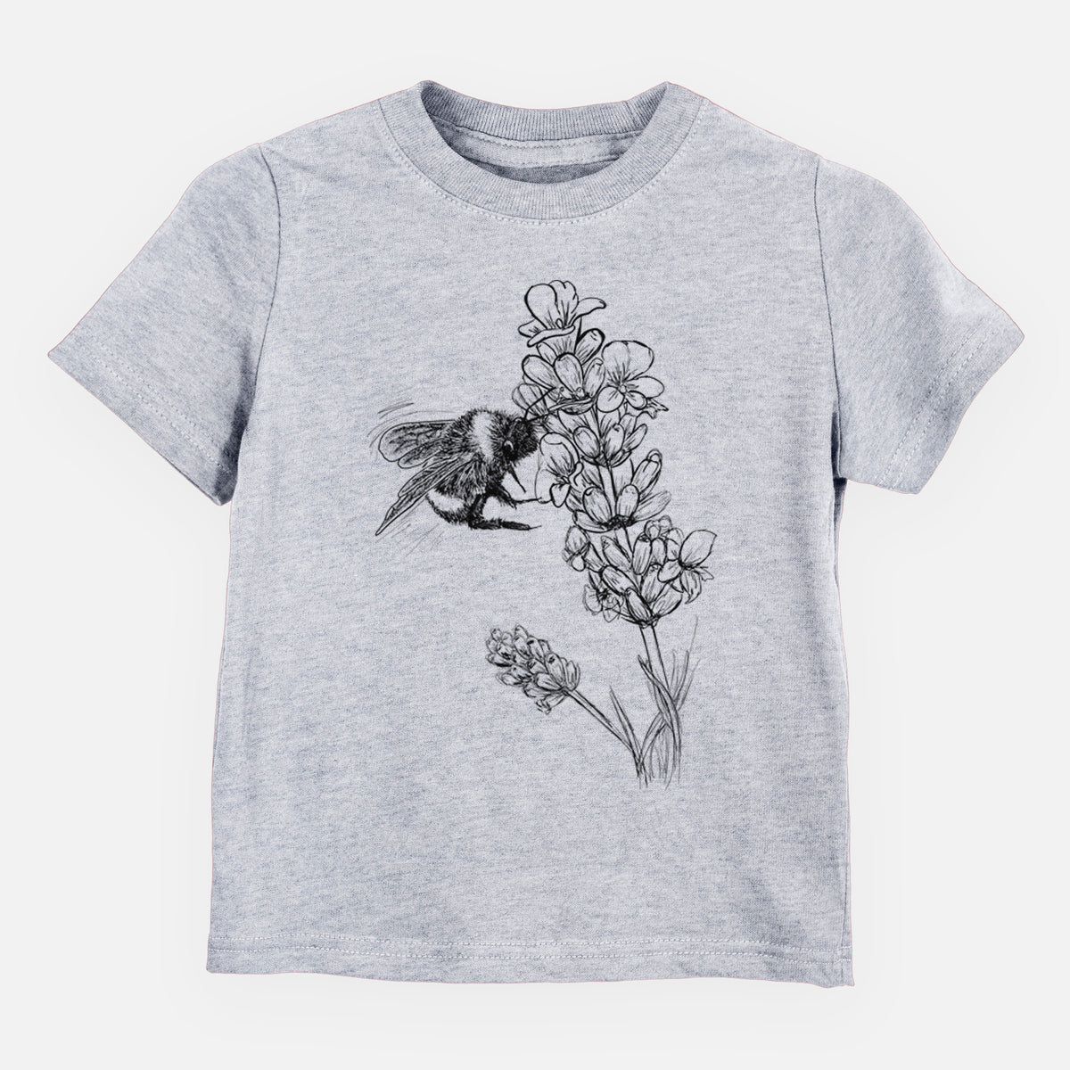 Heather grey toddler t-shirt laid flat, printed with a black ink illustration of a bumble bee visiting a sprig of lavender.