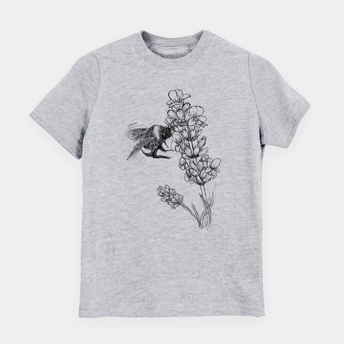 Heather grey youth t-shirt laid flat, printed with a black ink illustration of a bumble bee visiting a sprig of lavender.