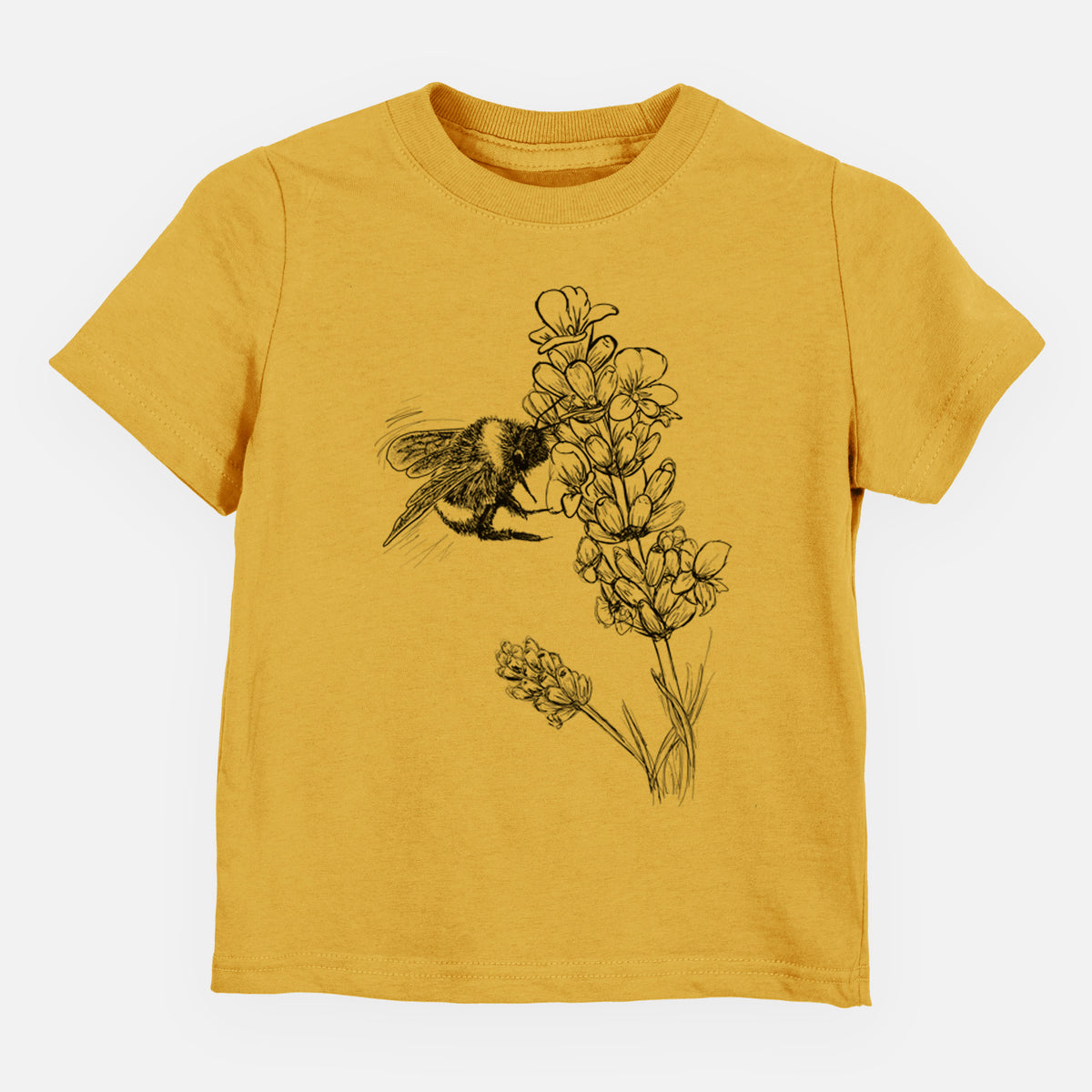 Honeycomb yellow toddler t-shirt laid flat, printed with a black ink illustration of a bumble bee visiting a sprig of lavender.