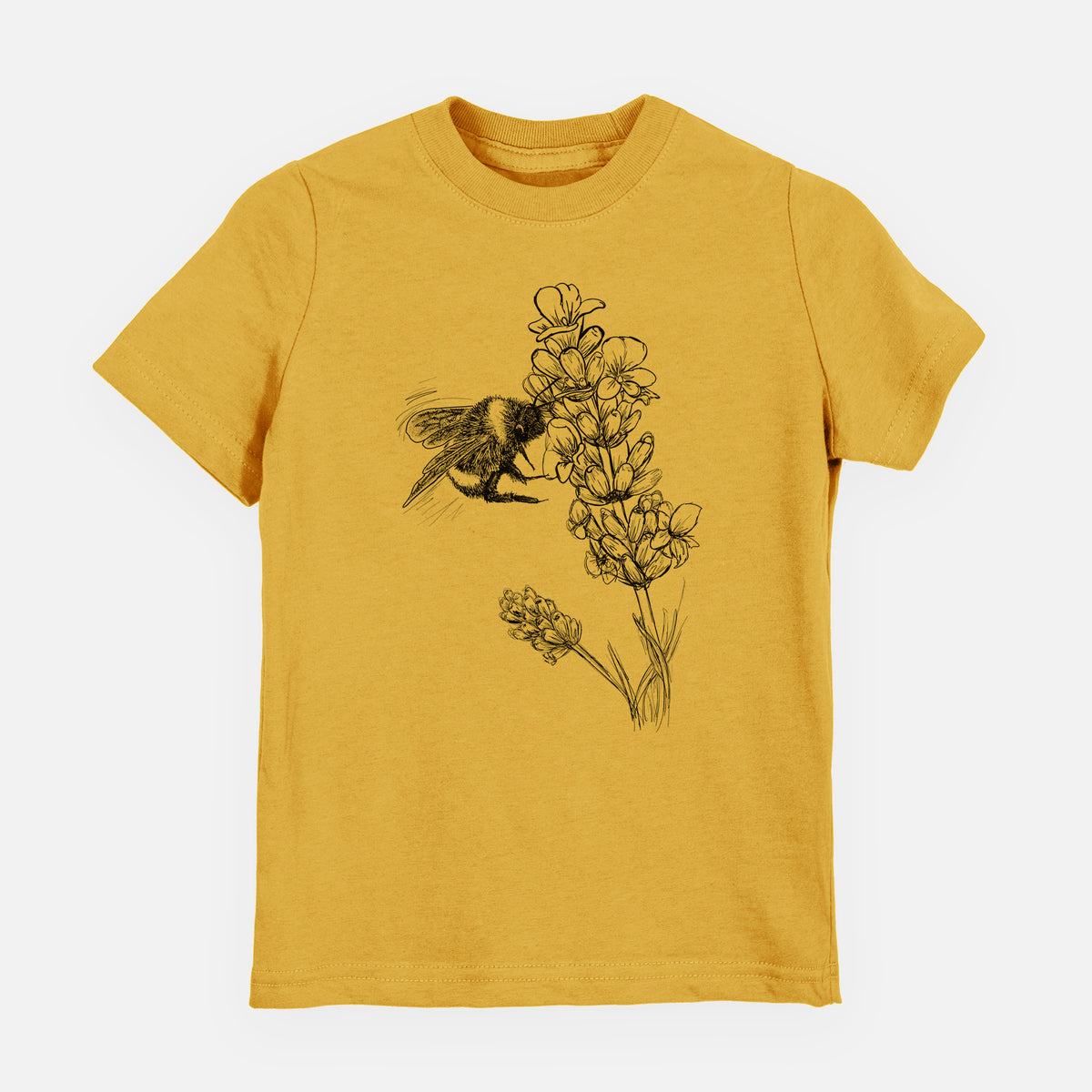 Honeycomb yellow youth t-shirt laid flat, printed with a black ink illustration of a bumble bee visiting a sprig of lavender.