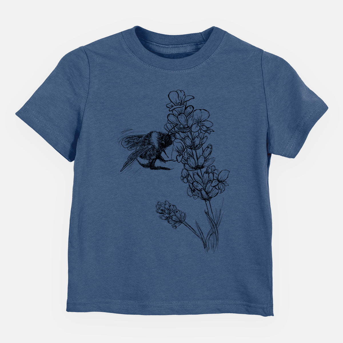 Indigo blue toddler t-shirt laid flat, printed with a black ink illustration of a bumble bee visiting a sprig of lavender.