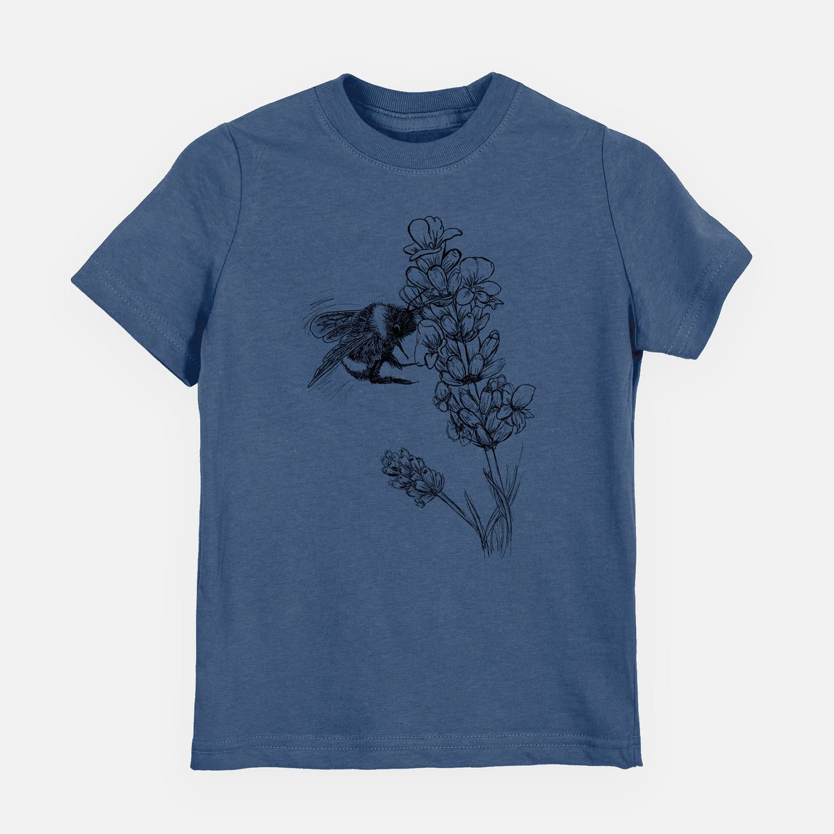 Indigo blue youth t-shirt laid flat, printed with a black ink illustration of a bumble bee visiting a sprig of lavender.