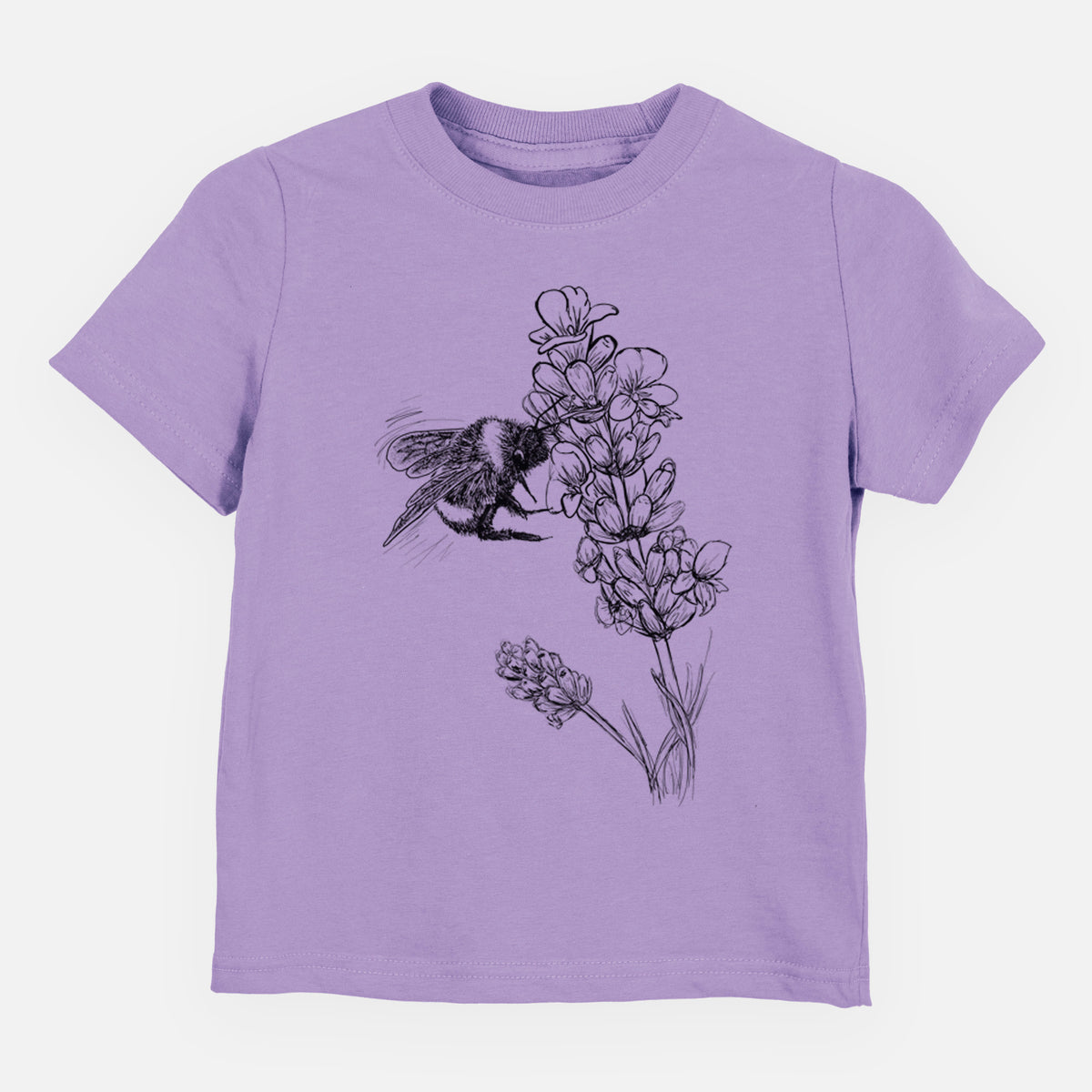 Lavender toddler t-shirt laid flat, printed with a black ink illustration of a bumble bee visiting a sprig of lavender.