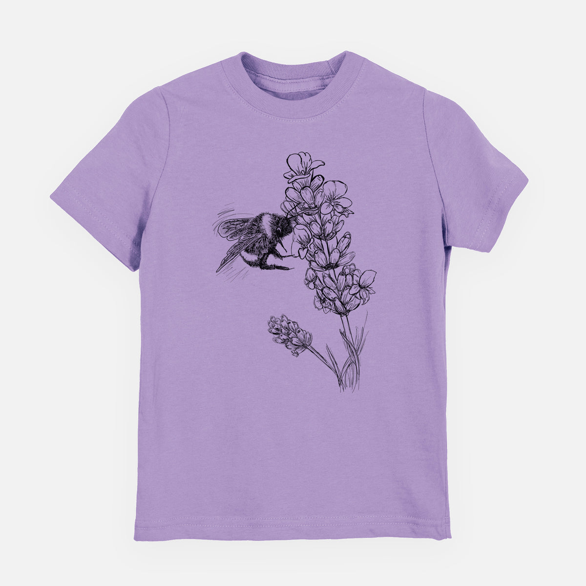 Lavender youth t-shirt laid flat, printed with a black ink illustration of a bumble bee visiting a sprig of lavender.