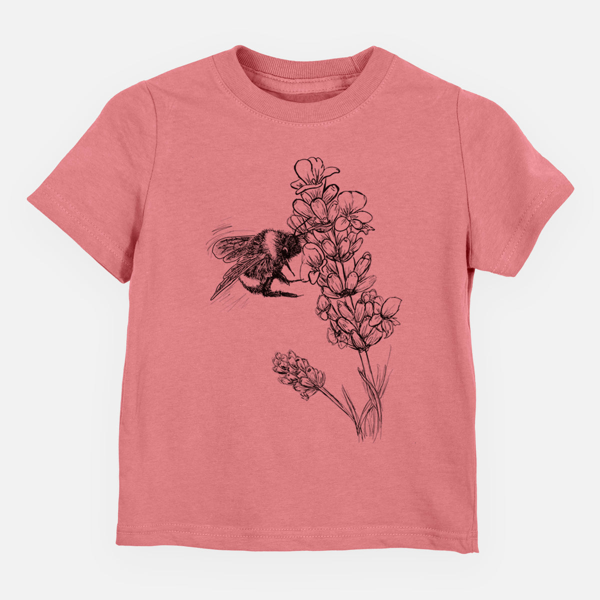 Mauve pink toddler t-shirt laid flat, printed with a black ink illustration of a bumble bee visiting a sprig of lavender.