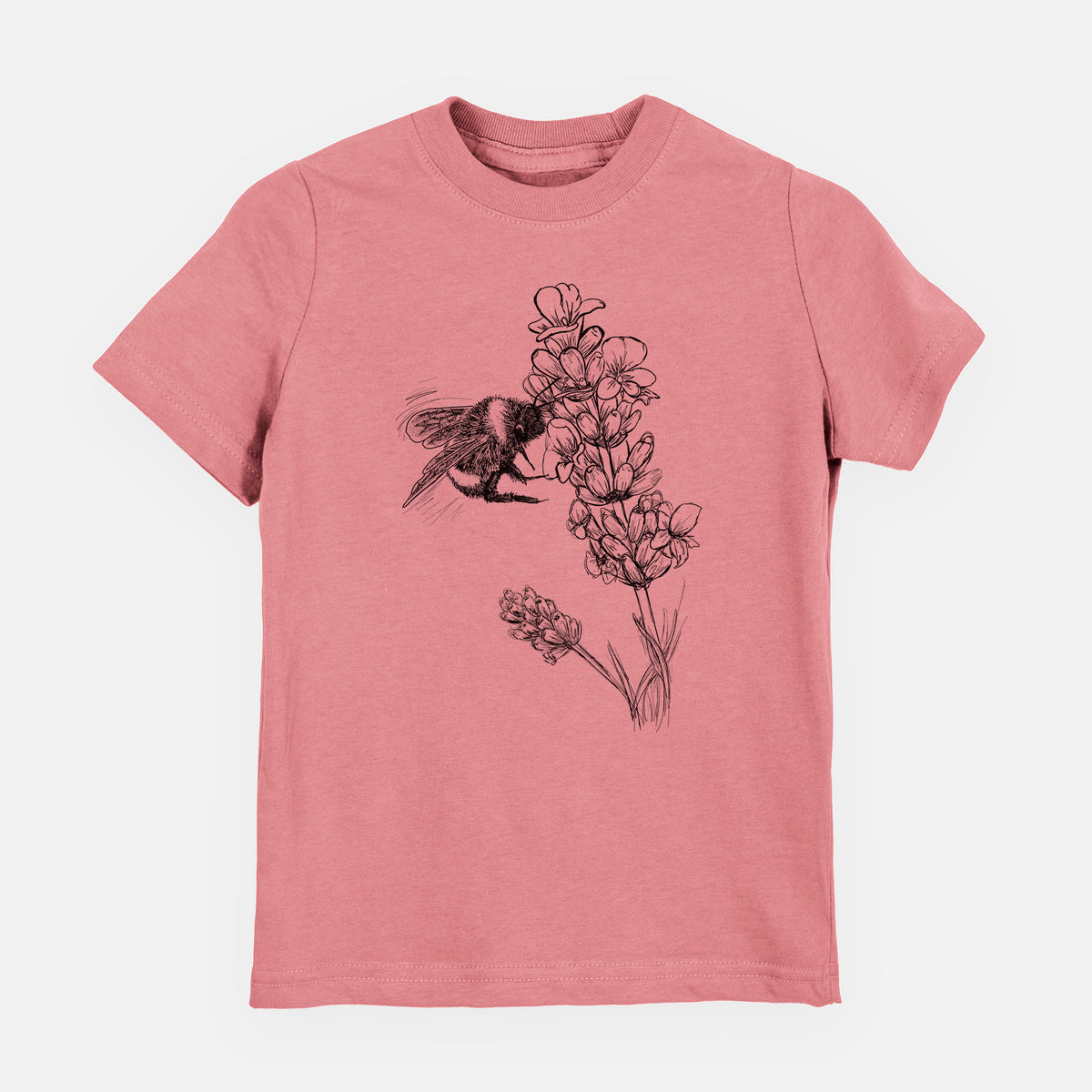 Mauve pink youth t-shirt laid flat, printed with a black ink illustration of a bumble bee visiting a sprig of lavender.