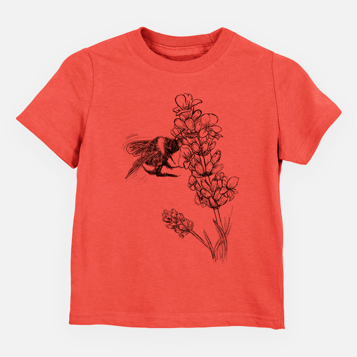 Passionfruit pink toddler t-shirt laid flat, printed with a black ink illustration of a bumble bee visiting a sprig of lavender.