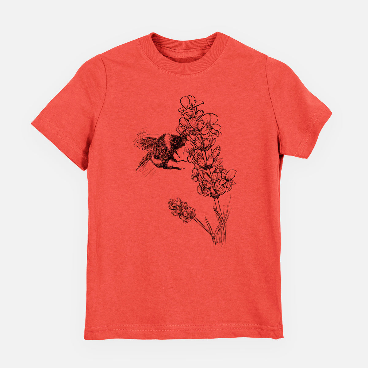 Passionfruit pink youth t-shirt laid flat, printed with a black ink illustration of a bumble bee visiting a sprig of lavender.
