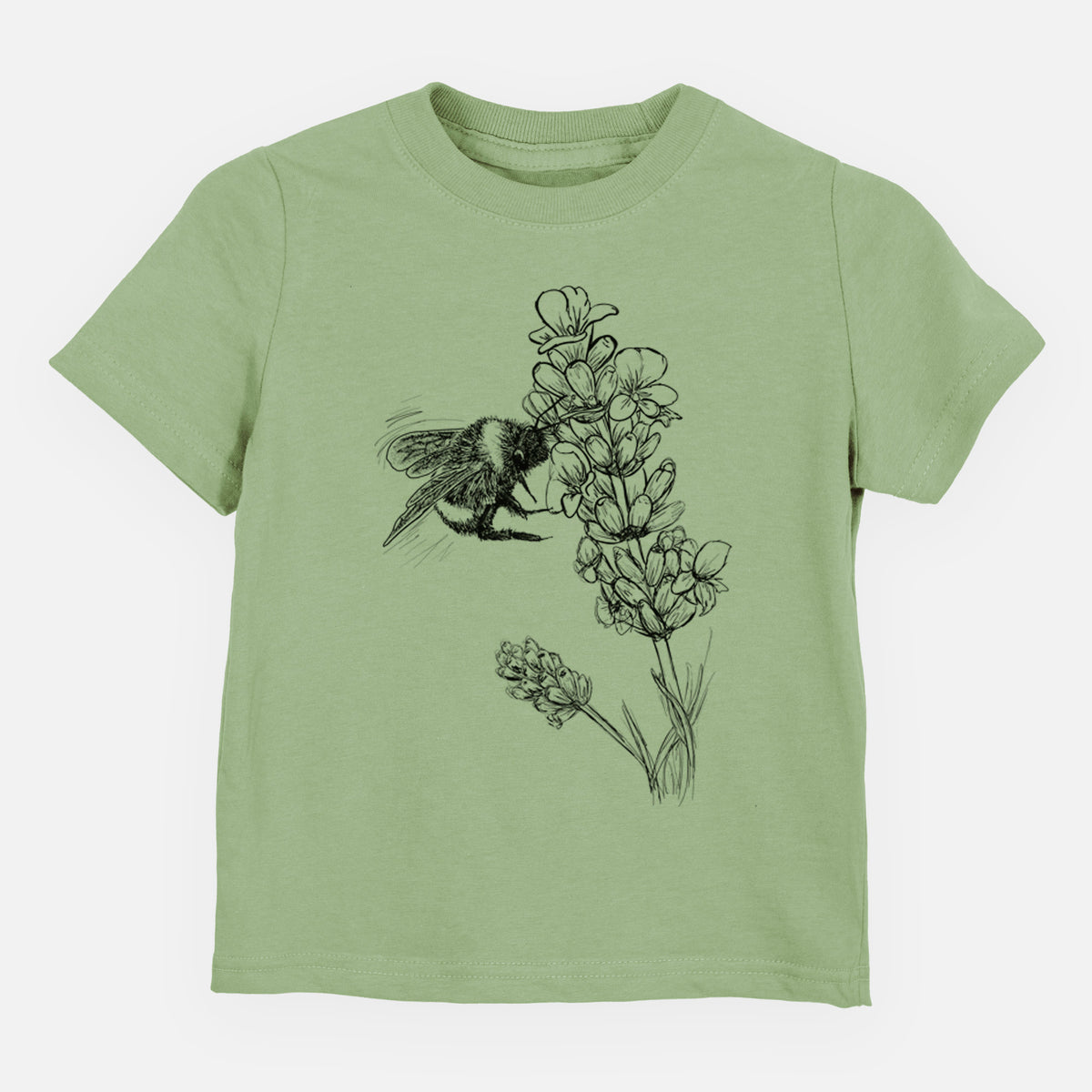 Sage green toddler t-shirt laid flat, printed with a black ink illustration of a bumble bee visiting a sprig of lavender.