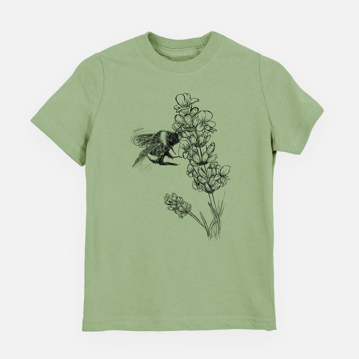 Sage green youth t-shirt laid flat, printed with a black ink illustration of a bumble bee visiting a sprig of lavender.