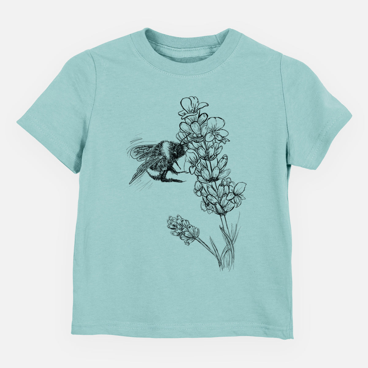 Saltwater toddler t-shirt laid flat, printed with a black ink illustration of a bumble bee visiting a sprig of lavender.