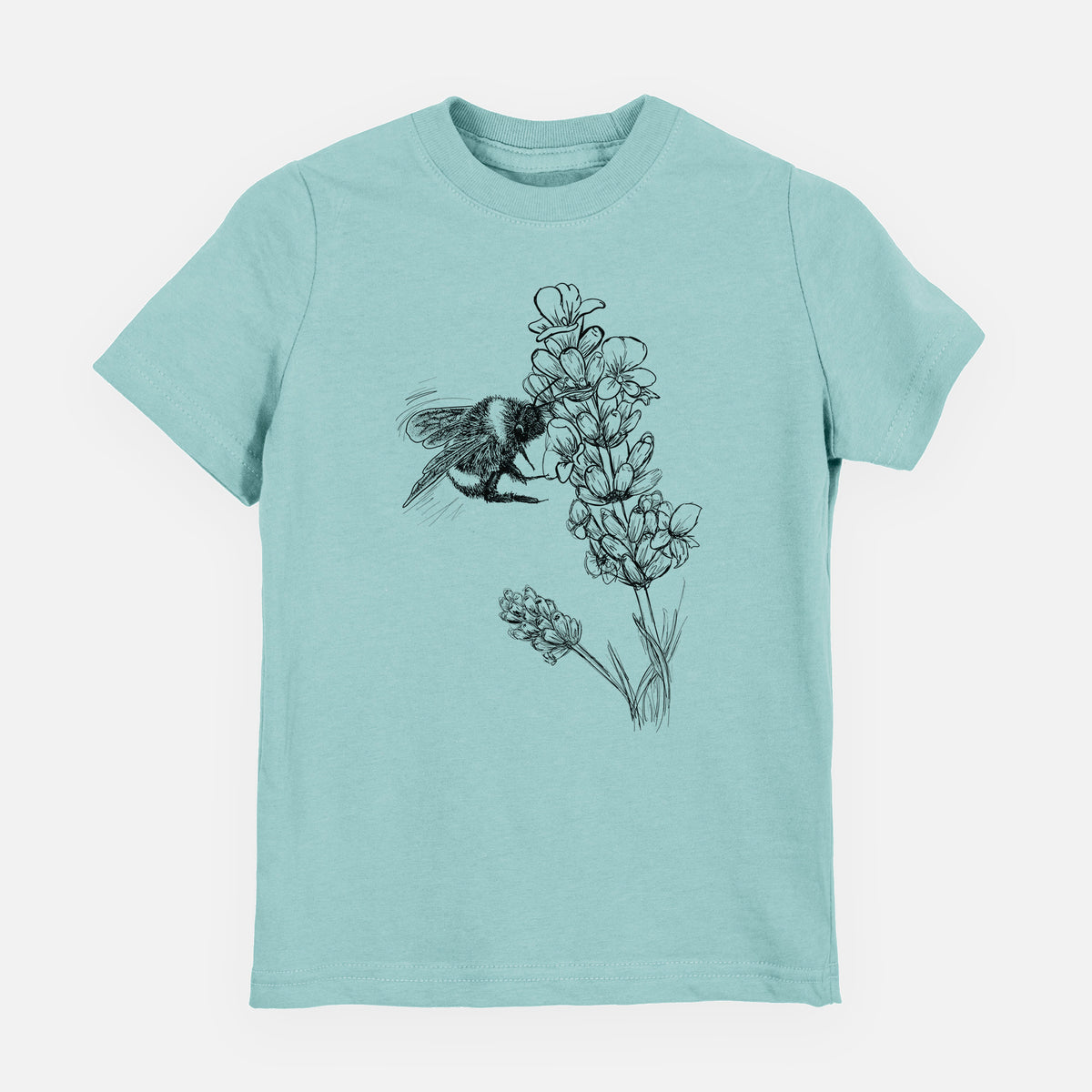 Saltwater youth t-shirt laid flat, printed with a black ink illustration of a bumble bee visiting a sprig of lavender.