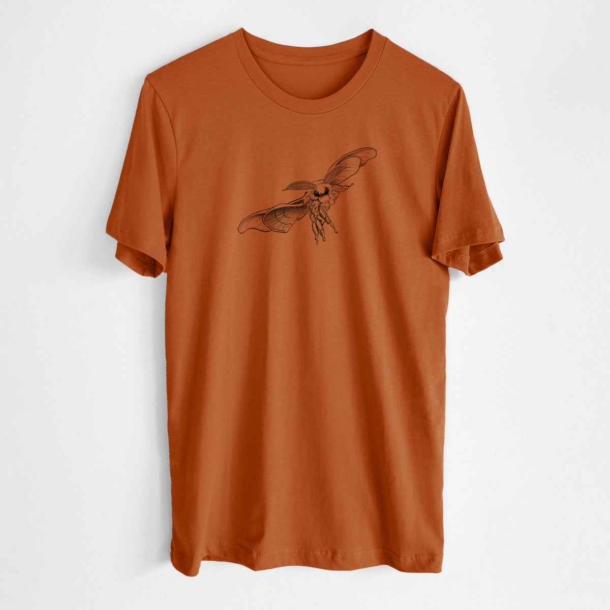 Autumn lightweight cotton t-shirt laid flat, printed with a black ink illustration of a silk moth with its wings spread.