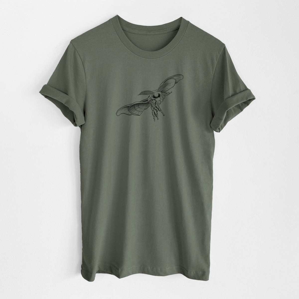 Military green lightweight cotton t-shirt laid flat, printed with a black ink illustration of a silk moth with its wings spread.
