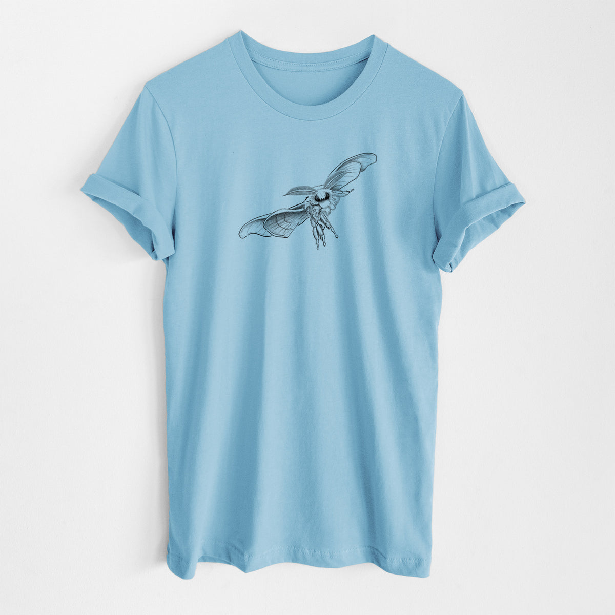 Ocean blue lightweight cotton t-shirt laid flat, printed with a black ink illustration of a silk moth with its wings spread.